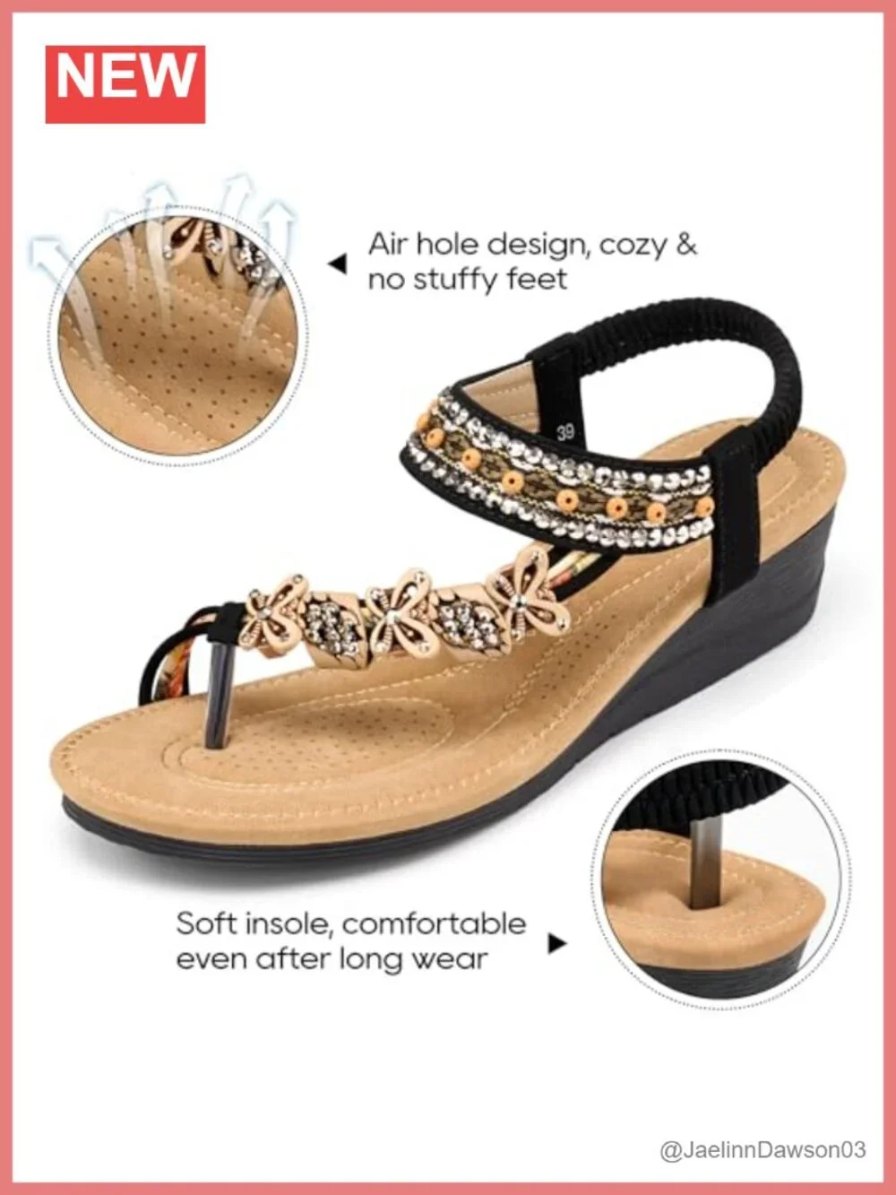 Women's Beaded Wedge Sandals with Ankle Strap, Non-Slip Sole, Breathable Insole